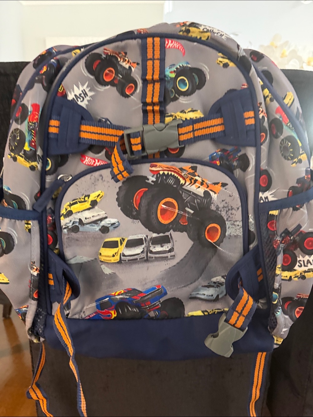 Pottery Barn Kids Gray Monster Truck Backpack with Orange & Navy